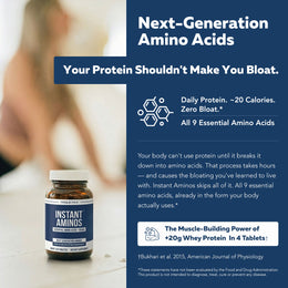 Instant Aminos essential amino acids tablets — next-generation amino acids, zero bloat, all 9 EAAs for daily protein support