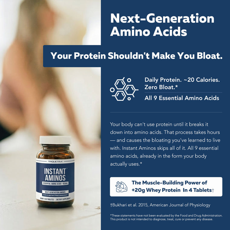 Instant Aminos essential amino acids tablets — next-generation amino acids, zero bloat, all 9 EAAs for daily protein support