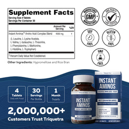 Instant Aminos supplement facts label — 4000 mg essential amino acid blend, 4 tablets per serving, GMP and third-party tested