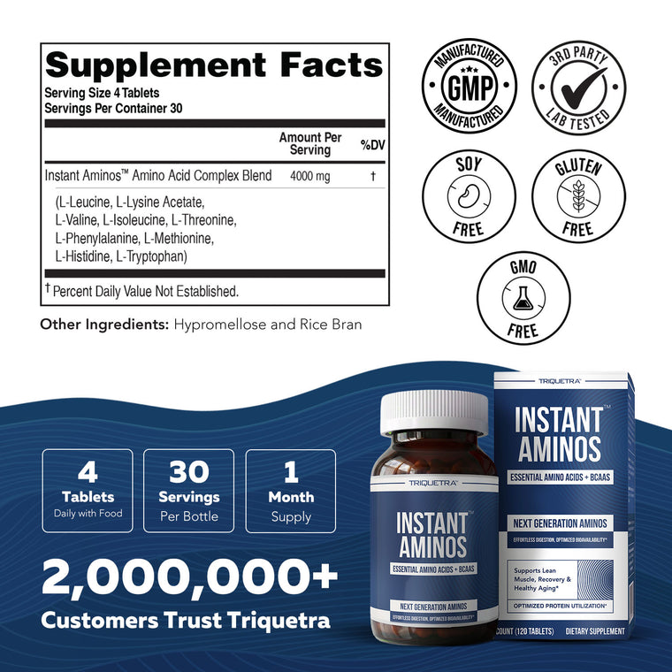 Instant Aminos supplement facts label — 4000 mg essential amino acid blend, 4 tablets per serving, GMP and third-party tested