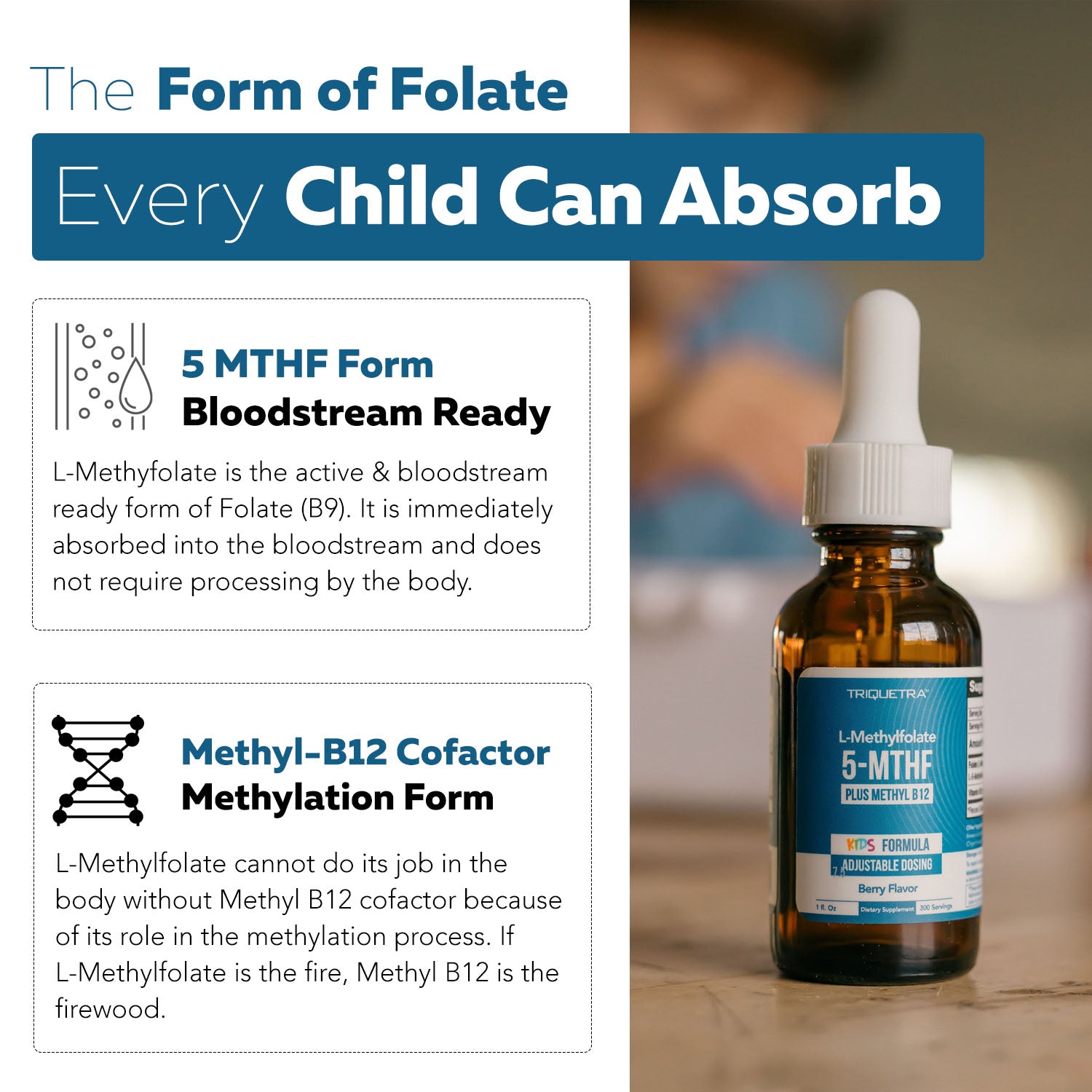 Kids L-Methylfolate liquid with 5-MTHF bioactive folate and methyl B12 cofactor for methylation and neurological support