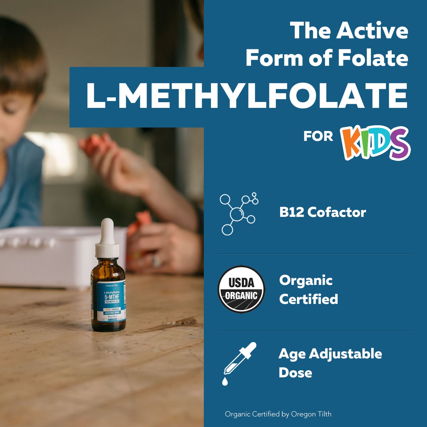 Kids L-Methylfolate liquid with 5-MTHF folate and methyl B12 for brain development, methylation support and adjustable dosing for children