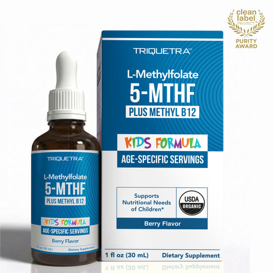 Triquetra Kids L-Methylfolate liquid with 5-MTHF active folate and methyl B12 for brain development, mood and behavior support in children
