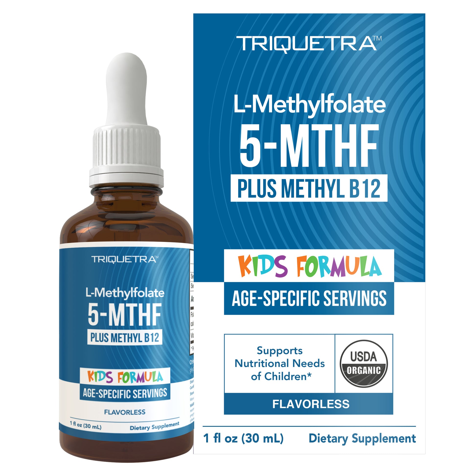 Triquetra Kids L-Methylfolate liquid flavorless drops with 5-MTHF active folate and methyl B12 for children's brain development and methylation support