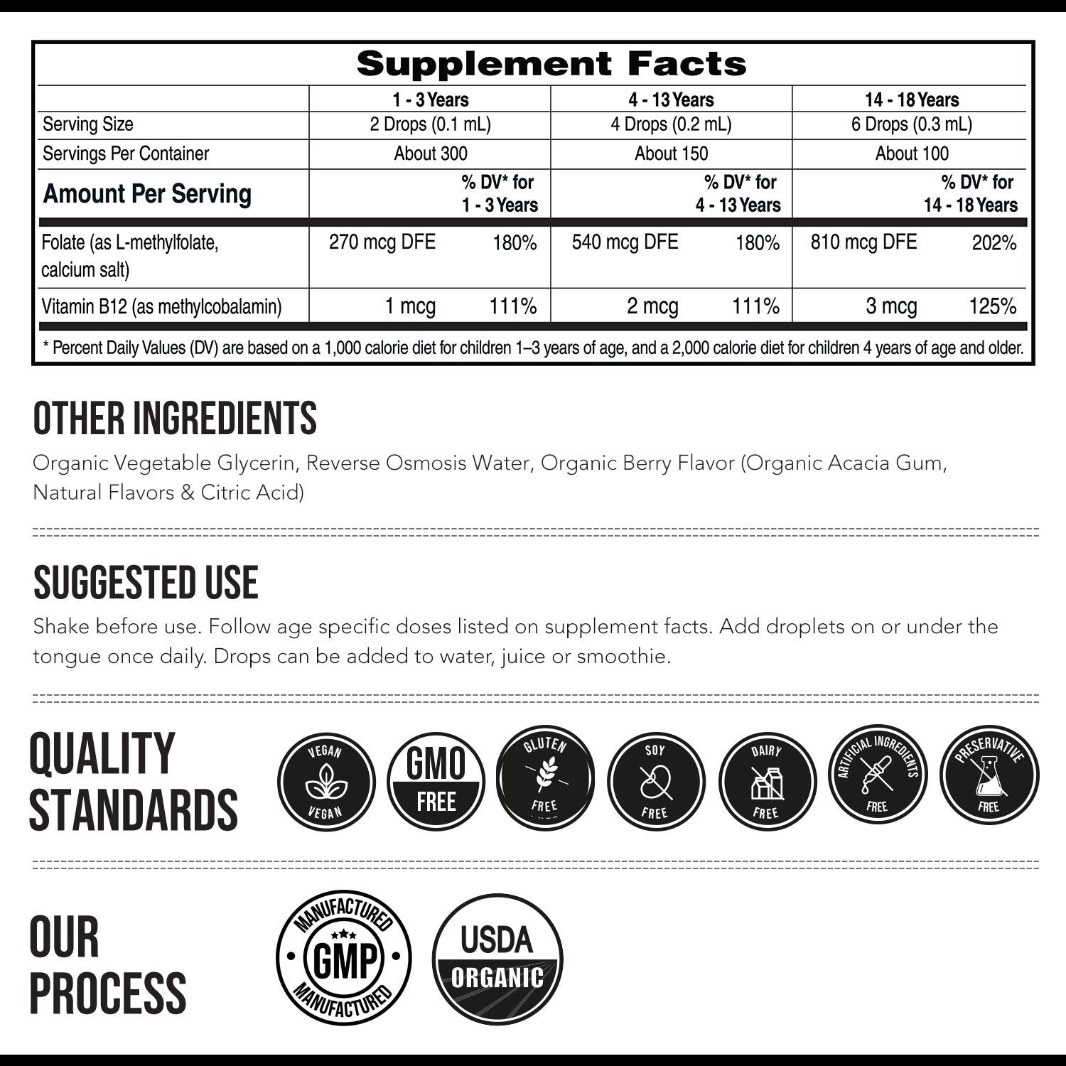 Supplement facts label for Kids L-Methylfolate liquid berry flavor with 5-MTHF folate and methyl B12 plus organic and vegan quality standards