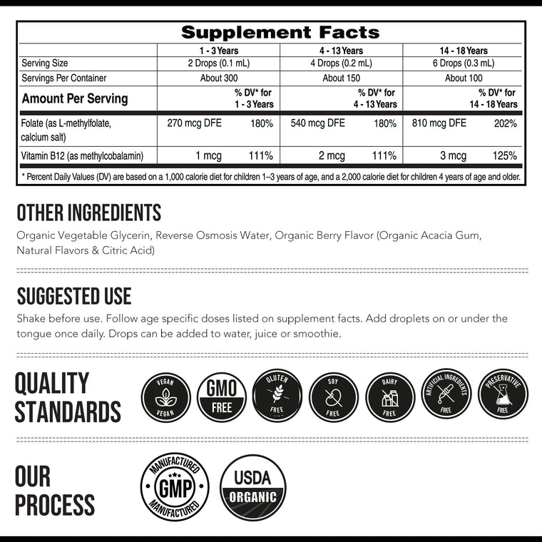 Supplement facts label for Kids L-Methylfolate liquid berry flavor with 5-MTHF folate and methyl B12 plus organic and vegan quality standards
