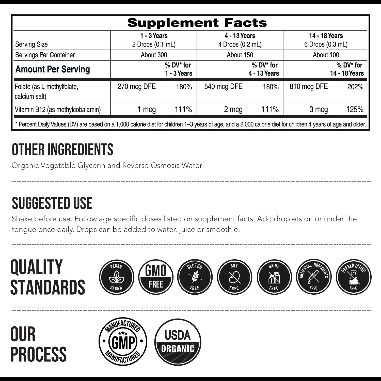 Supplement facts label for Kids L-Methylfolate liquid flavorless with 5-MTHF active folate and methyl B12 plus organic and vegan certifications