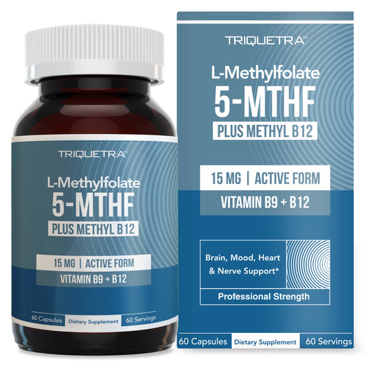 Triquetra L-Methylfolate 15 mg capsules with 5-MTHF active folate and methyl B12 for methylation, brain, mood, heart and nerve support