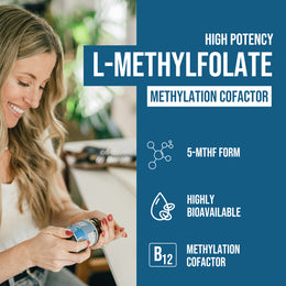 Woman holding Triquetra L-Methylfolate 15 mg capsules with 5-MTHF folate and methyl B12 for methylation and cellular health support