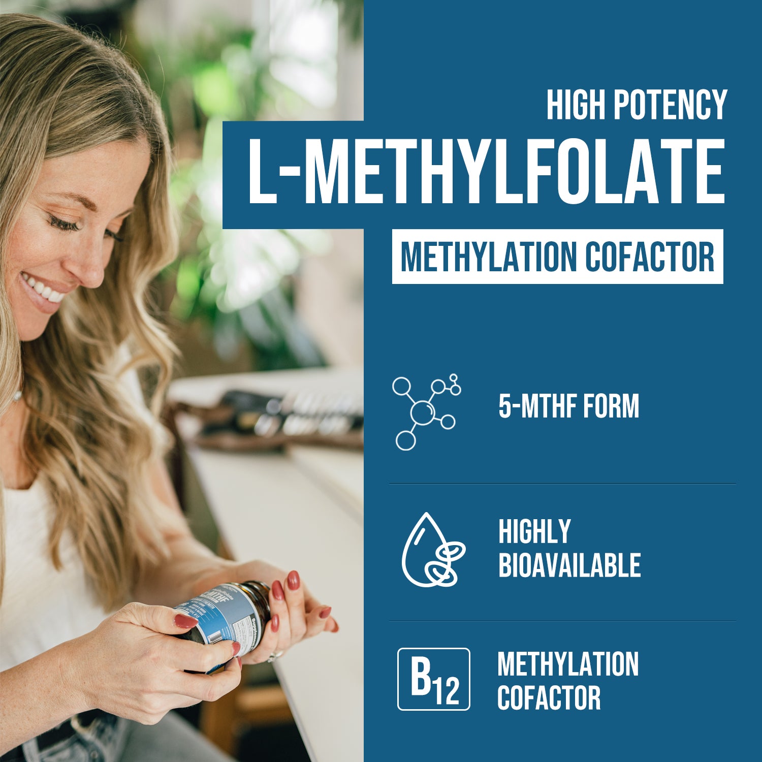 Woman holding Triquetra L-Methylfolate 15 mg capsules with 5-MTHF folate and methyl B12 for methylation and cellular health support