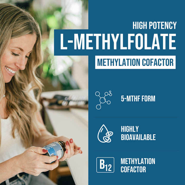 Woman holding Triquetra L-Methylfolate 15 mg capsules with 5-MTHF folate and methyl B12 for methylation and cellular health support