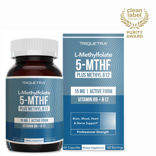 Triquetra L-Methylfolate 15 mg capsuless with 5-MTHF active folate and methyl B12 for methylation, brain, mood, heart and nerve support