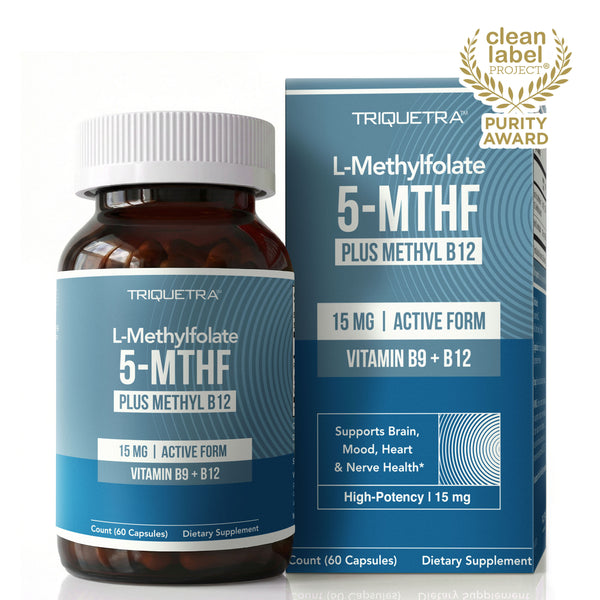 Triquetra L-Methylfolate 15 mg capsules with 5-MTHF active folate and methyl B12 for methylation, brain, mood, heart and nerve support
