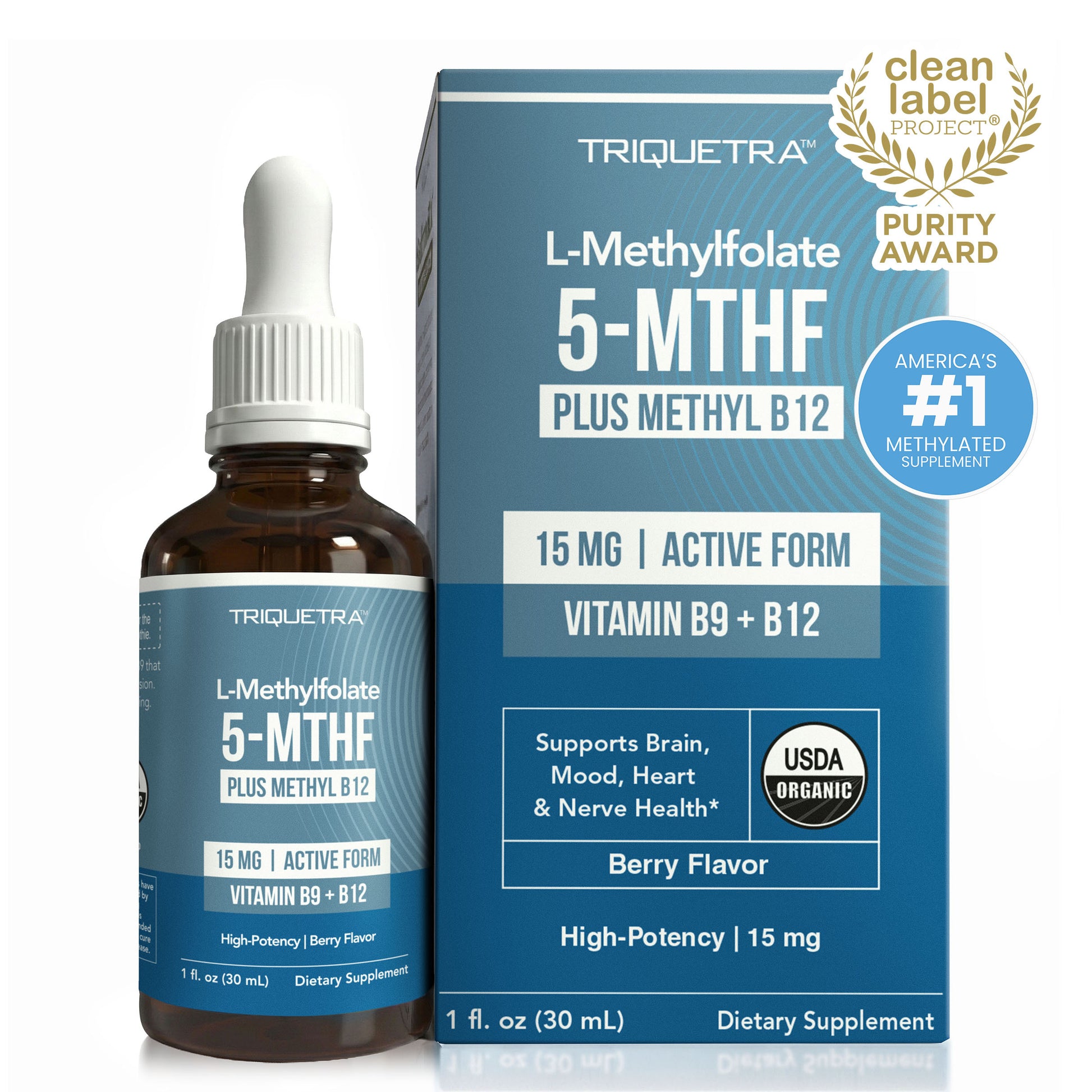 Triquetra L-Methylfolate 15 mg liquid drops with 5-MTHF active folate and methyl B12 for methylation, brain, mood, heart and nerve support