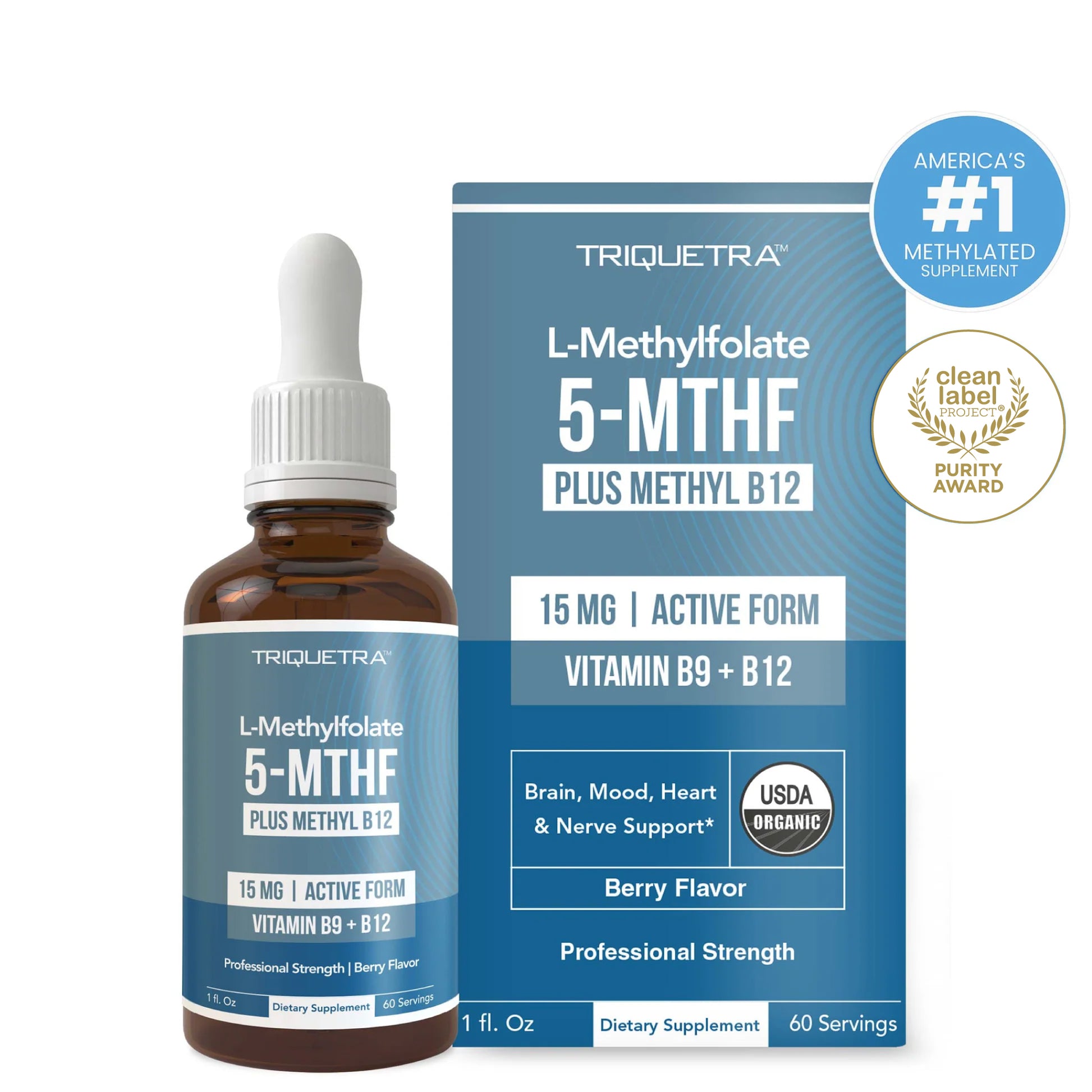 Triquetra L-Methylfolate 15 mg liquid drops with 5-MTHF active folate and methyl B12 for methylation, brain, mood, heart and nerve support