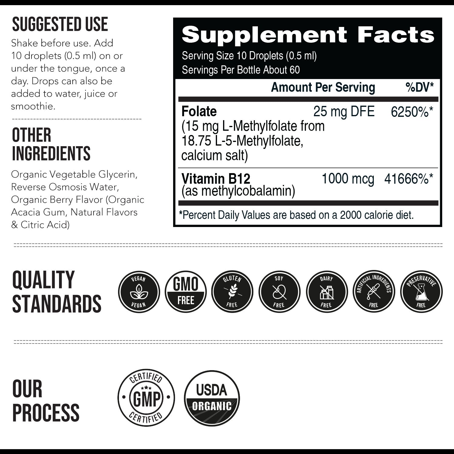 Supplement facts label for Triquetra L-Methylfolate 15 mg liquid drops with 5-MTHF folate and methyl B12 including vegan, non-GMO and GMP quality standards