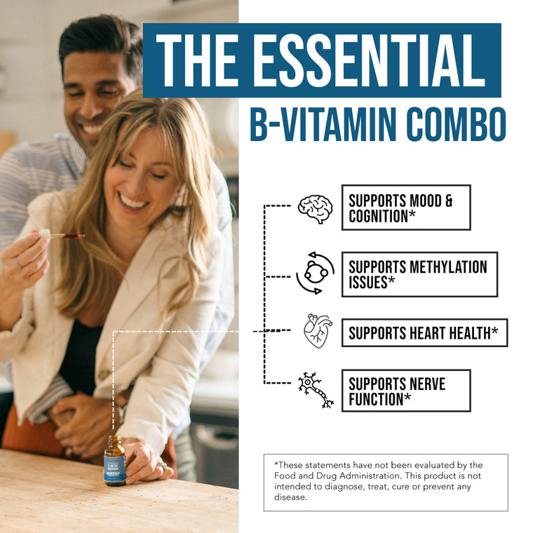 'The Essential B-Vitamin Combo' featuring a smiling couple in a kitchen setting looking at a small blue supplement bottle on a counter, alongside text listing benefits for mood, cognition, methylation, heart health, and nerve function.