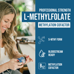 Woman holding Triquetra L-Methylfolate 1 mg capsules with 5-MTHF folate and methyl B12 for methylation and cellular health support