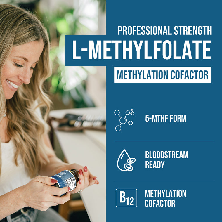 Woman holding Triquetra L-Methylfolate 1 mg capsules with 5-MTHF folate and methyl B12 for methylation and cellular health support