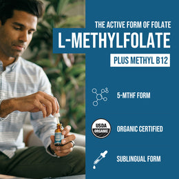 Man using Triquetra L-Methylfolate 1 mg liquid drops with 5-MTHF active folate and methyl B12 for daily methylation support