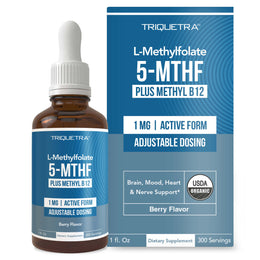 Triquetra L-Methylfolate 1 mg liquid drops with 5-MTHF active folate and methyl B12 for methylation, brain, mood, heart and nerve support