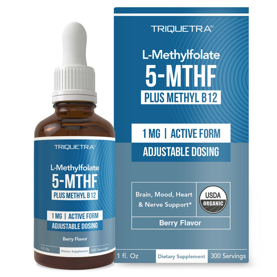 Triquetra L-Methylfolate 1 mg liquid drops with 5-MTHF active folate and methyl B12 for methylation, brain, mood, heart and nerve support