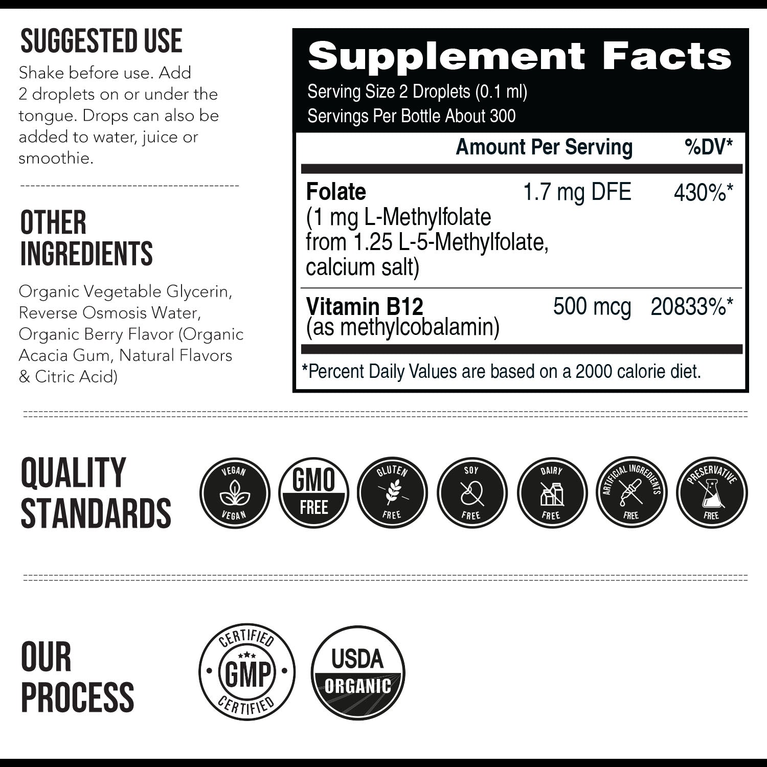 Supplement facts label for Triquetra L-Methylfolate 1 mg liquid drops with 5-MTHF folate and methyl B12 including vegan, non-GMO and GMP quality standards