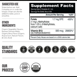 Supplement facts label for Triquetra L-Methylfolate 1 mg liquid drops with 5-MTHF folate and methyl B12 including vegan, non-GMO and GMP quality standards