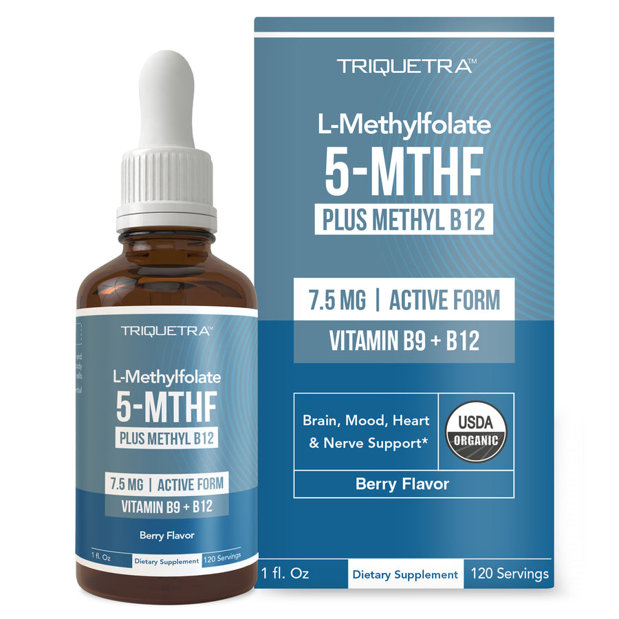 Triquetra L-Methylfolate 5-MTHF liquid drops with methyl B12 providing 7.5 mg active folate for methylation, mood, brain and heart support