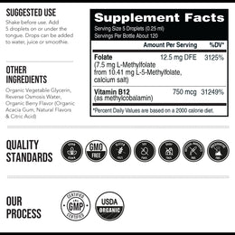 Supplement facts panel for Triquetra L-Methylfolate 5-MTHF liquid drops showing 7.5 mg L-methylfolate and 750 mcg methyl B12 with suggested use and quality standards