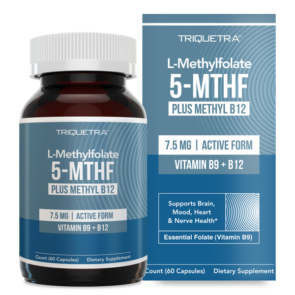 Triquetra L-Methylfolate 7.5 mg capsules with 5-MTHF active folate and methyl B12 for methylation, brain, mood, heart and nerve support