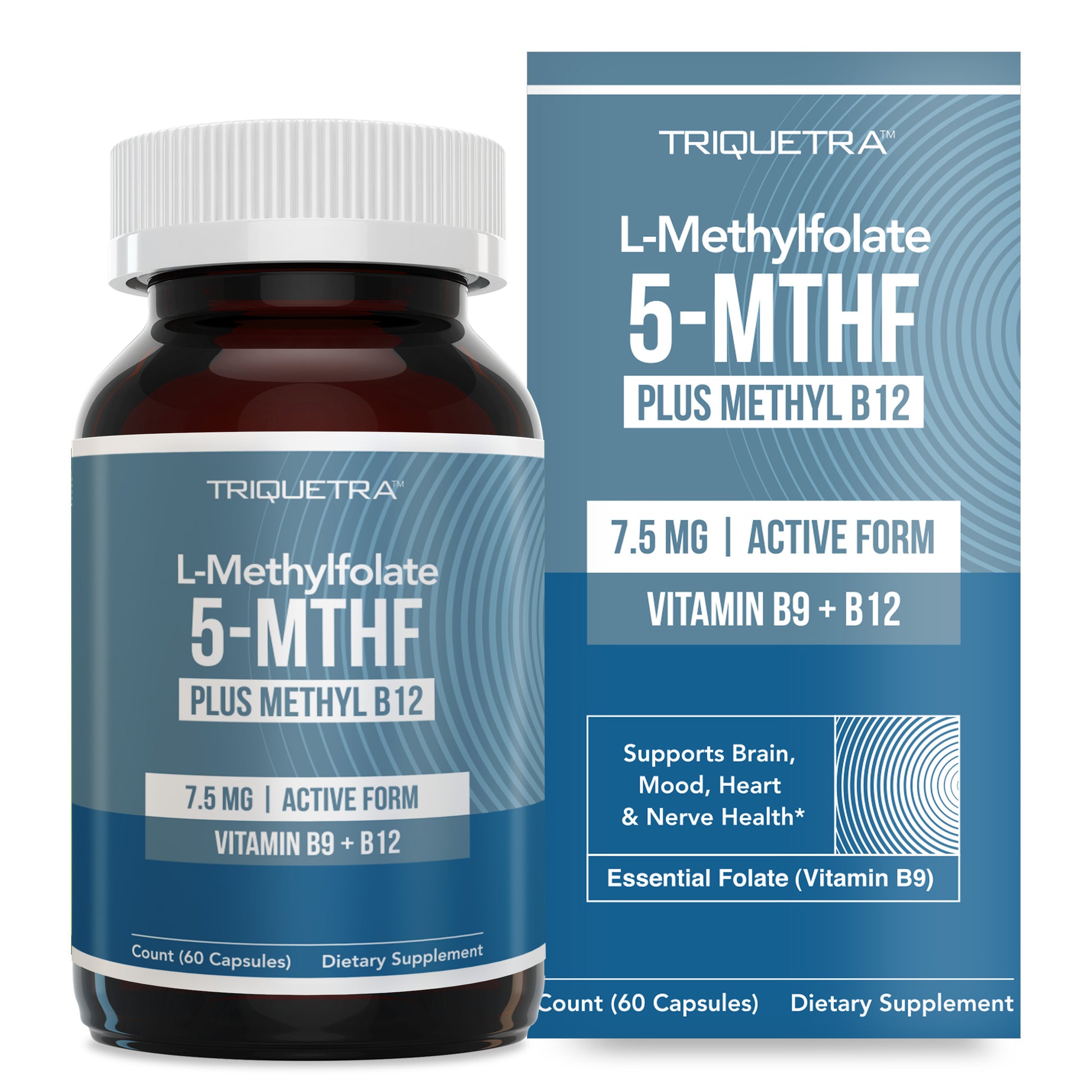 Triquetra L-Methylfolate 7.5 mg capsules with 5-MTHF active folate and methyl B12 for methylation, brain, mood, heart and nerve support