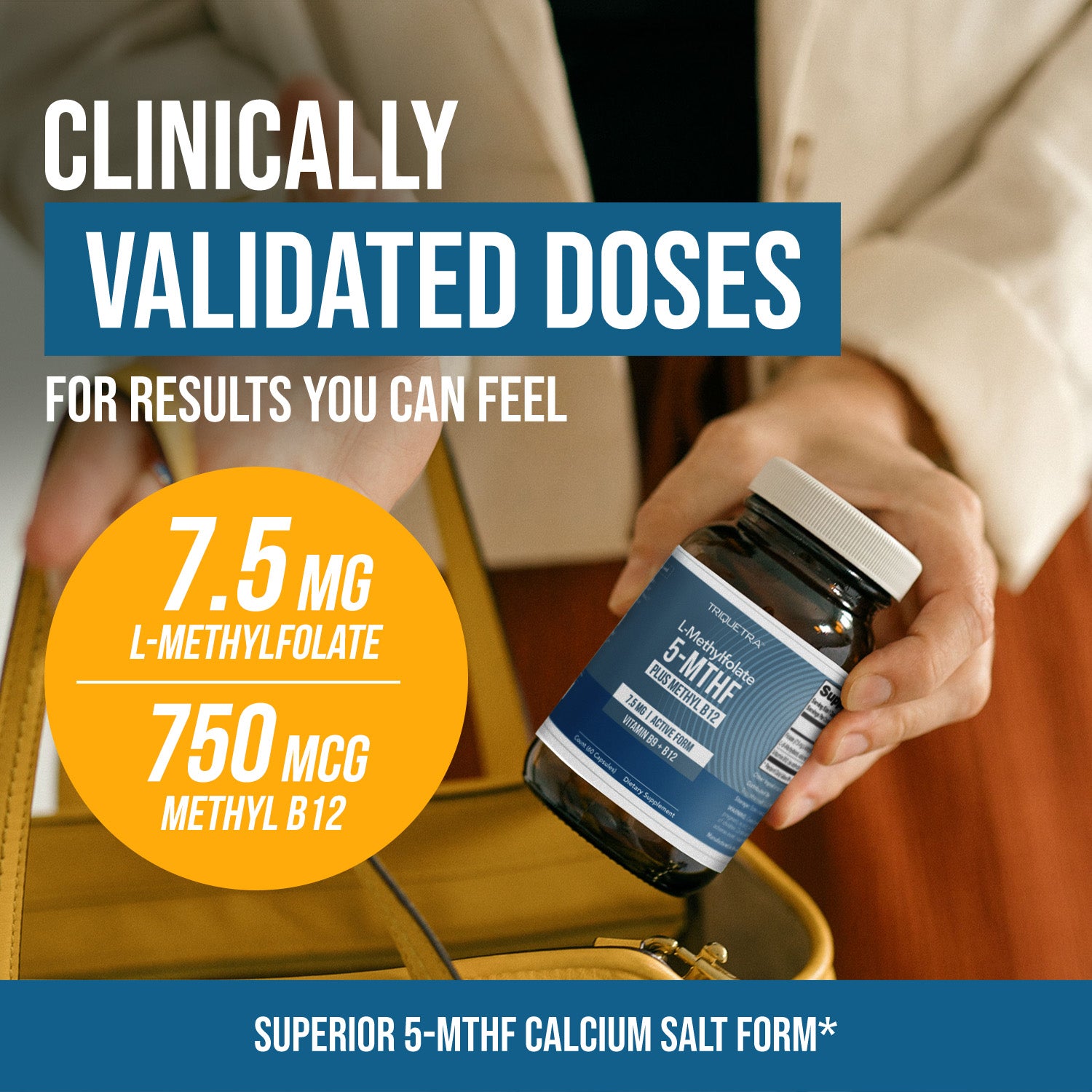 Triquetra L-Methylfolate 7.5 mg capsules with 5-MTHF active folate and 750 mcg methyl B12 clinically validated dose for methylation and brain health