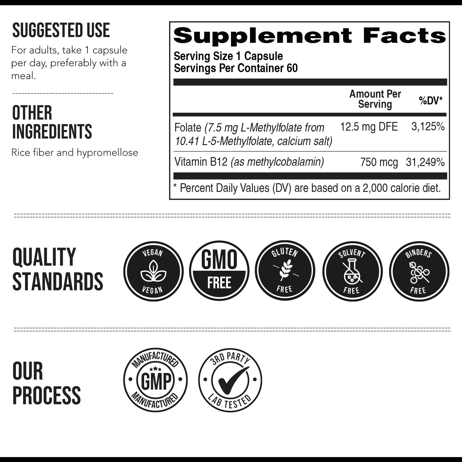Supplement facts label for Triquetra L-Methylfolate 7.5 mg capsules with 5-MTHF folate and 750 mcg methyl B12 plus vegan and GMP quality standards