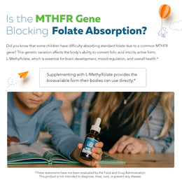 Kids L-Methylfolate liquid explaining MTHFR gene and how 5-MTHF active folate supports absorption and brain development