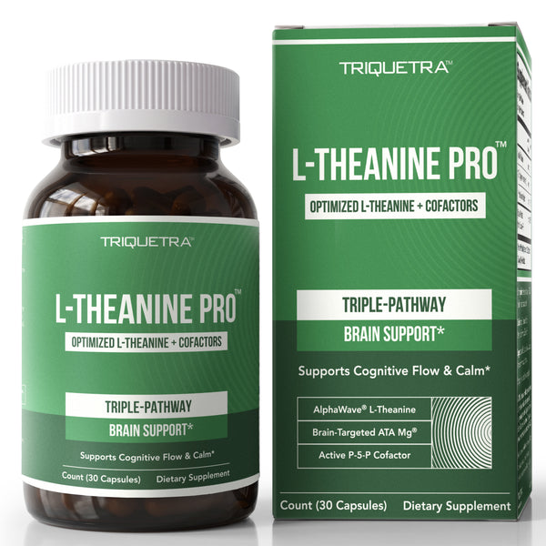 L-Theanine Pro bottle with AlphaWave L-Theanine 200 mg, ATA Mg brain-directed magnesium and active P-5-P coenzyme