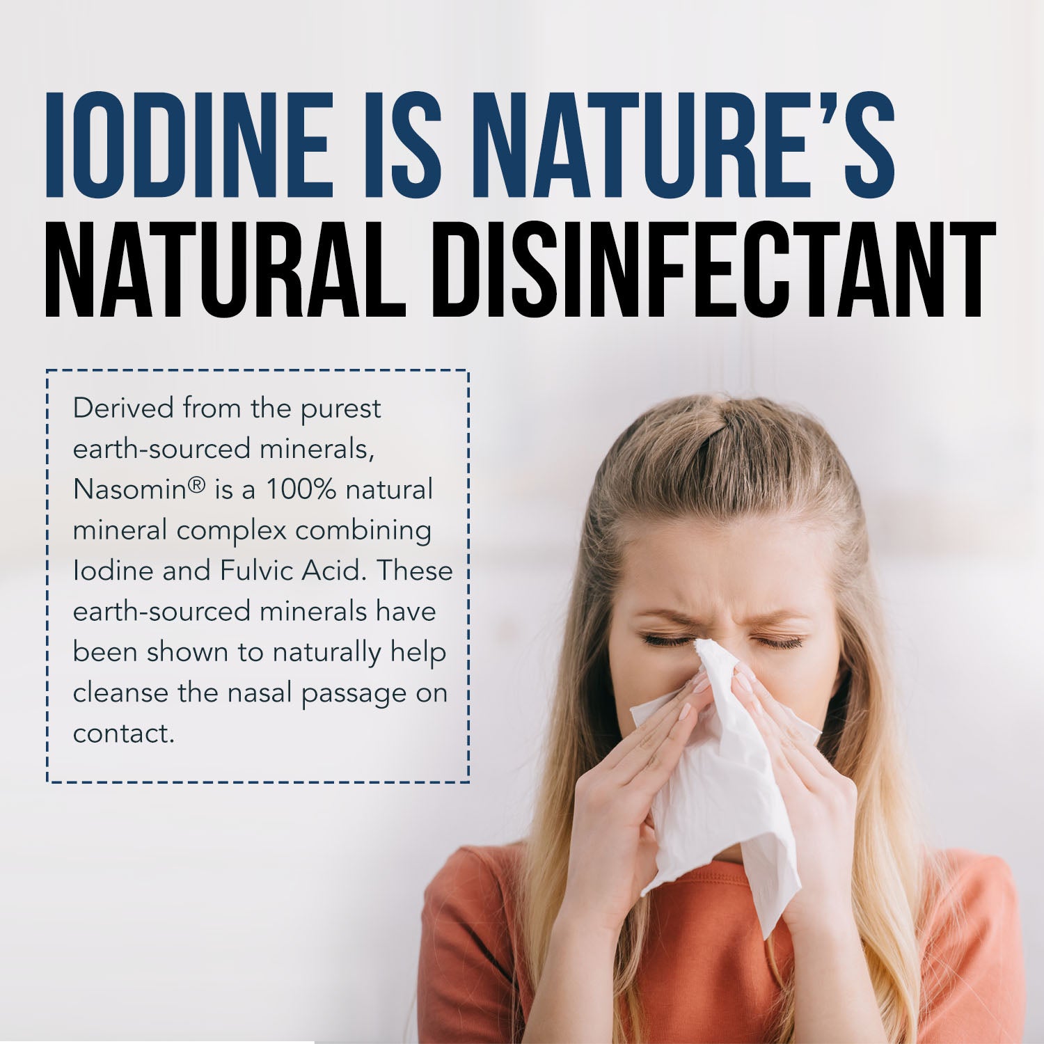 Infographic explaining iodine as a natural disinfectant used in Nasomin nasal iodine spray to help cleanse nasal passages