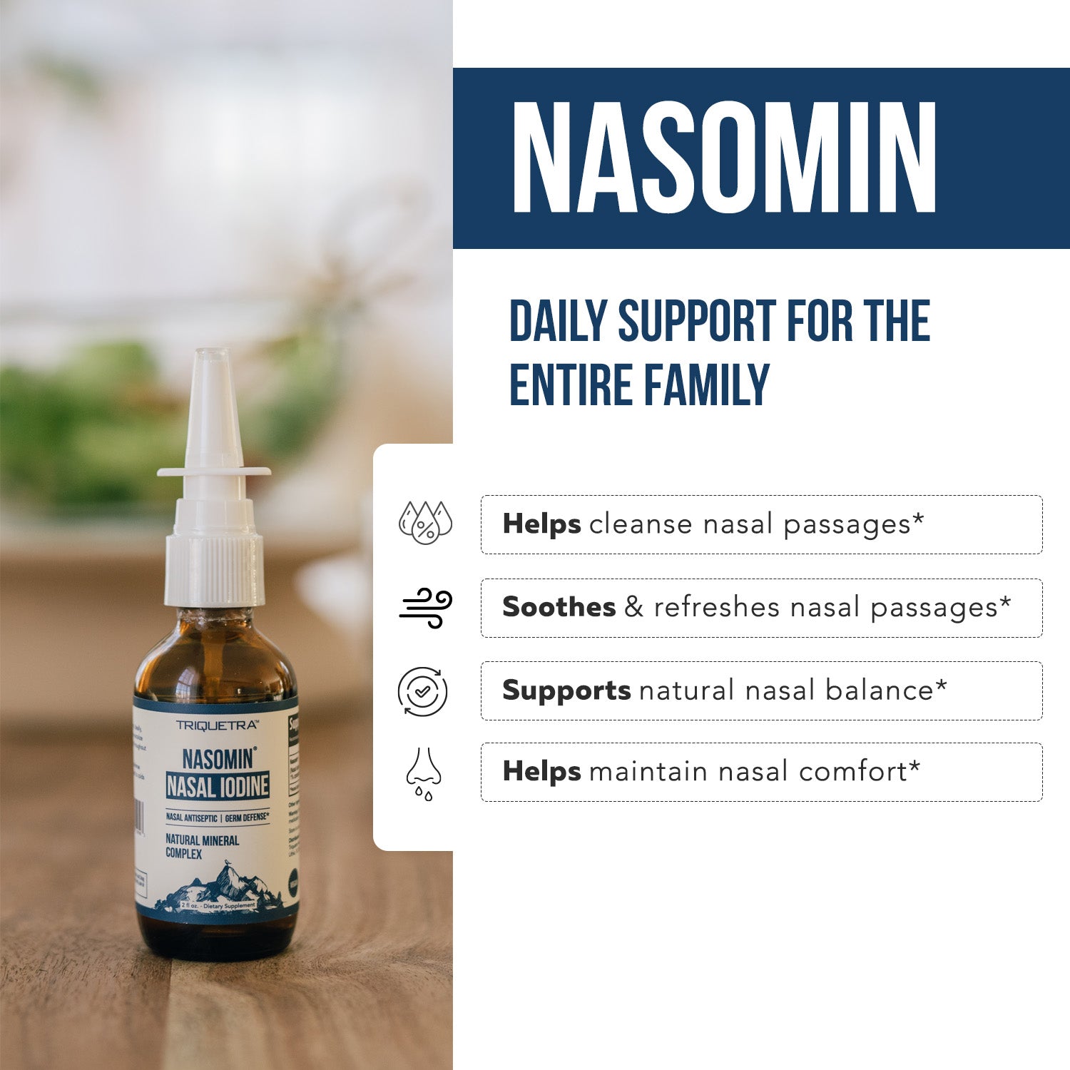 Nasomin nasal iodine spray bottle with benefits for cleansing nasal passages and supporting daily nasal hygiene