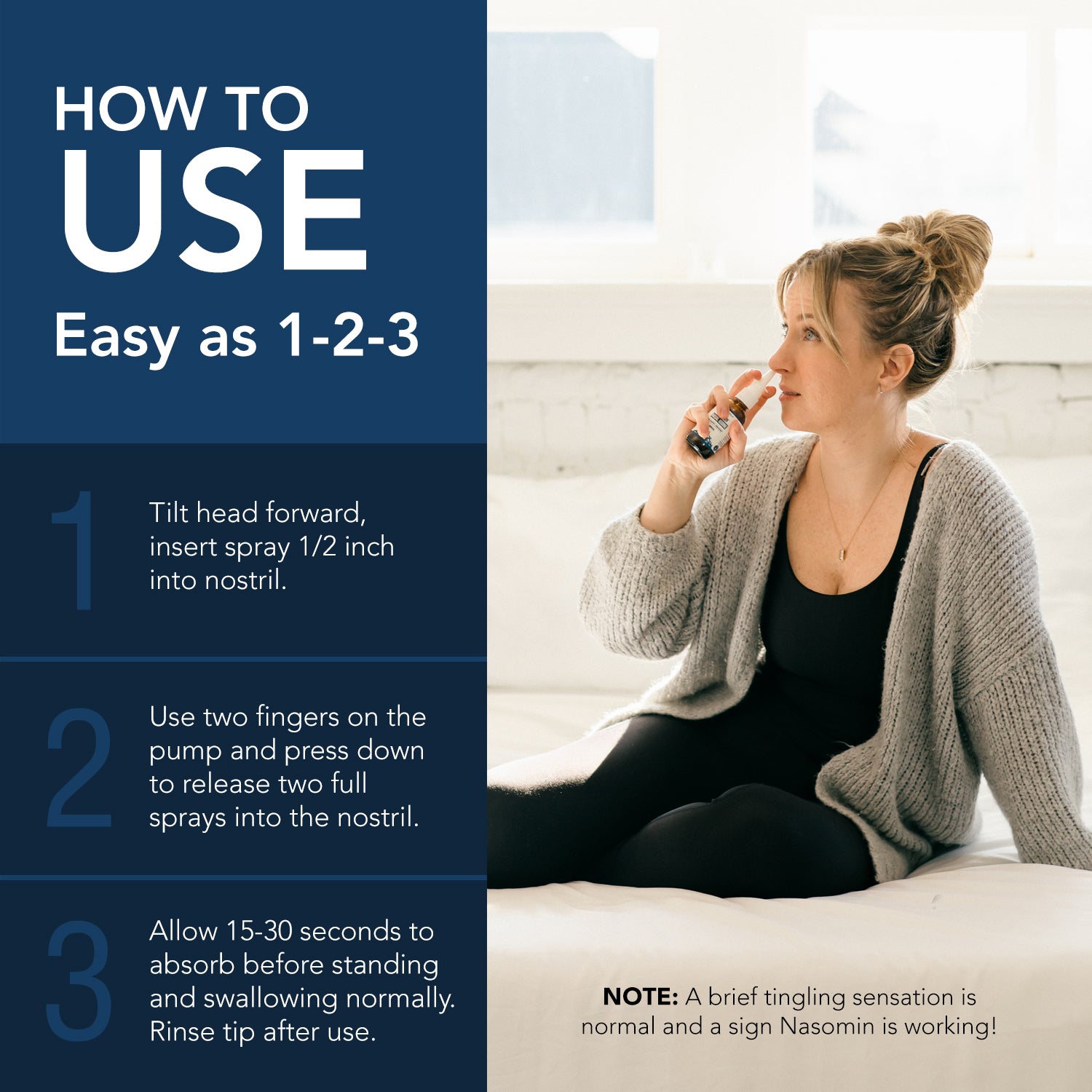 Step by step infographic showing how to use Nasomin nasal iodine spray for nasal cleanse with three simple instructions