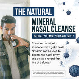 Man using Nasomin nasal iodine spray to naturally cleanse the nasal cavity with mineral nasal cleanse formula