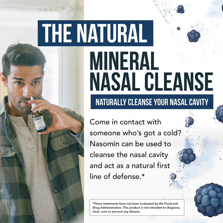 Man using Nasomin nasal iodine spray to naturally cleanse the nasal cavity with mineral nasal cleanse formula