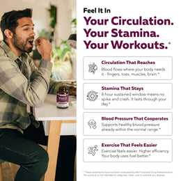 Man taking NITRATE-IQ capsule next to text highlighting support for circulation, stamina, and workout efficiency