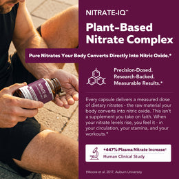 Man outdoors holding NITRATE-IQ bottle beside text showing 447 percent plasma nitrate elevation from clinical study