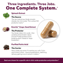 Diagram of NITRATE-IQ Tri-Cofactor System showing spinach extract, Enovita grape seed, and fulvic acid next to capsules
