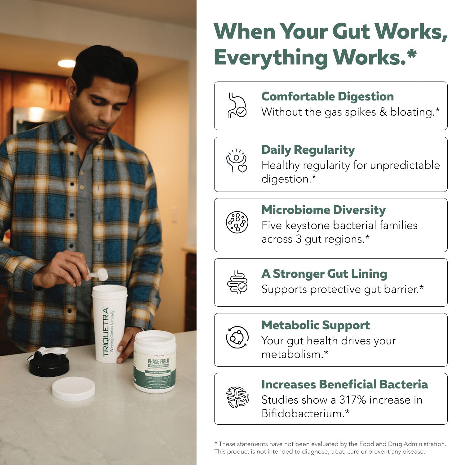 Man mixing Triquetra Health Phase Fiber prebiotic powder for digestion, microbiome diversity, and metabolic support