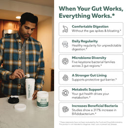 Man mixing Triquetra Health Phase Fiber prebiotic powder for digestion, microbiome diversity, and metabolic support
