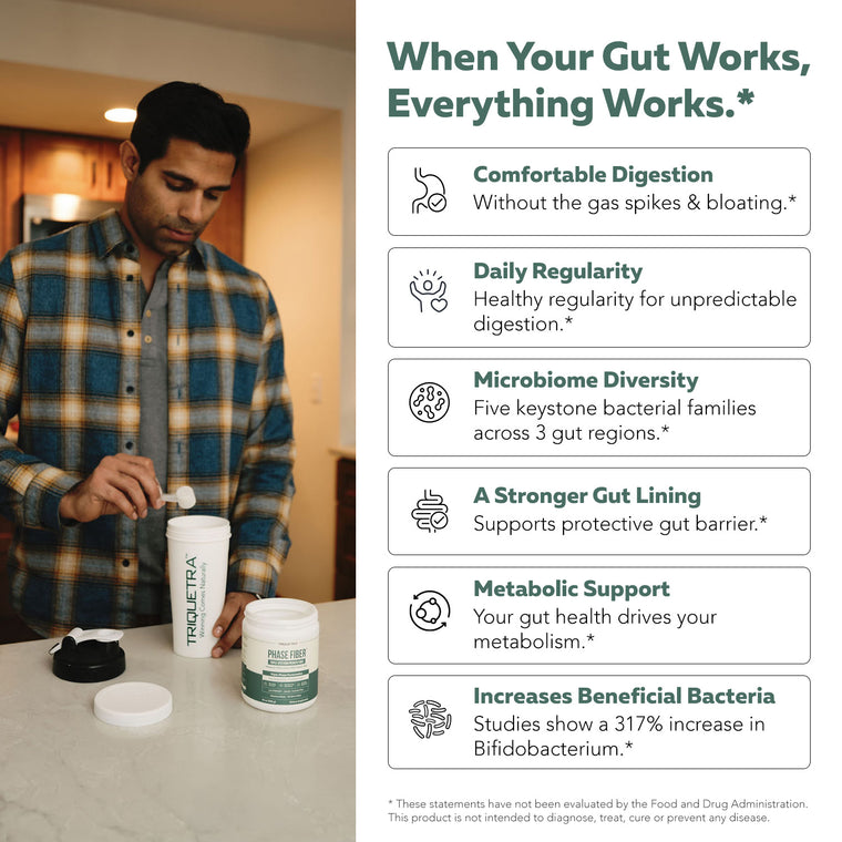 Man mixing Triquetra Health Phase Fiber prebiotic powder for digestion, microbiome diversity, and metabolic support