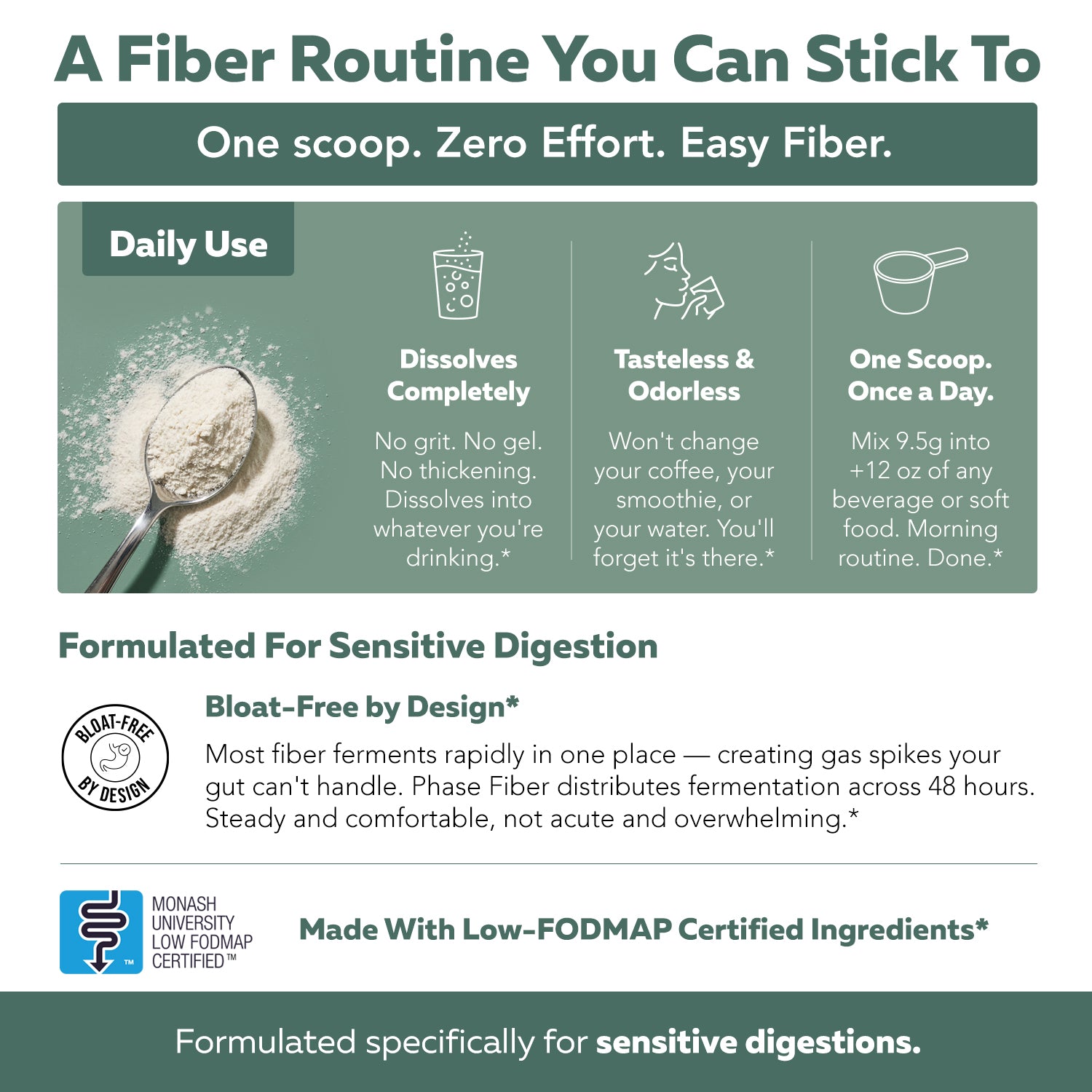 Phase Fiber low-FODMAP prebiotic fiber powder that dissolves easily for comfortable daily digestion support