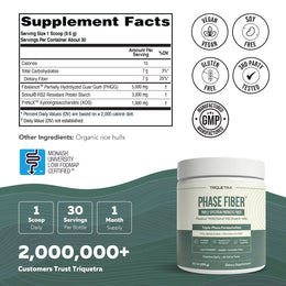 Phase Fiber supplement facts with Fibalance PHGG, Solnul RS2, PreticX XOS, and Low-FODMAP certified ingredients