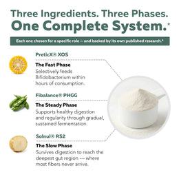 Phase Fiber Triple-Phase Fermentation ingredients featuring PreticX XOS, Fibalance PHGG, and Solnul RS2 prebiotics